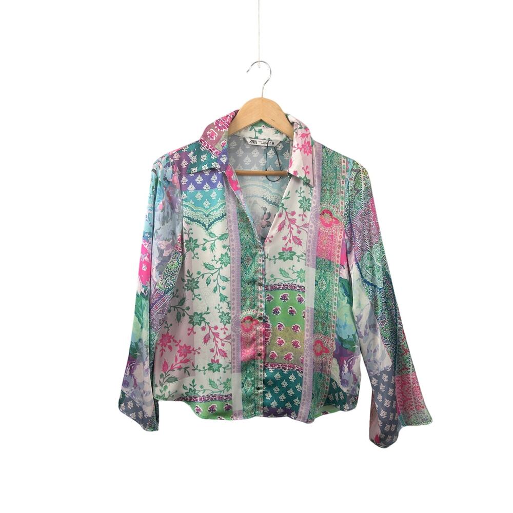 Zara Patchwork Floral Button Blouse Satin Sheer L… - image 2